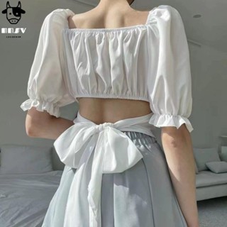 韓國chic夏季減齡設計感上衣方領泡泡袖後背收腰抽繩蝴蝶結襯衫女