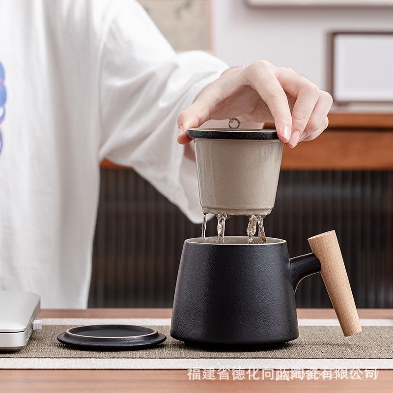 粗陶木柄泡茶馬克杯陶瓷茶杯帶蓋茶水分離過濾辦公室家用禮品logo