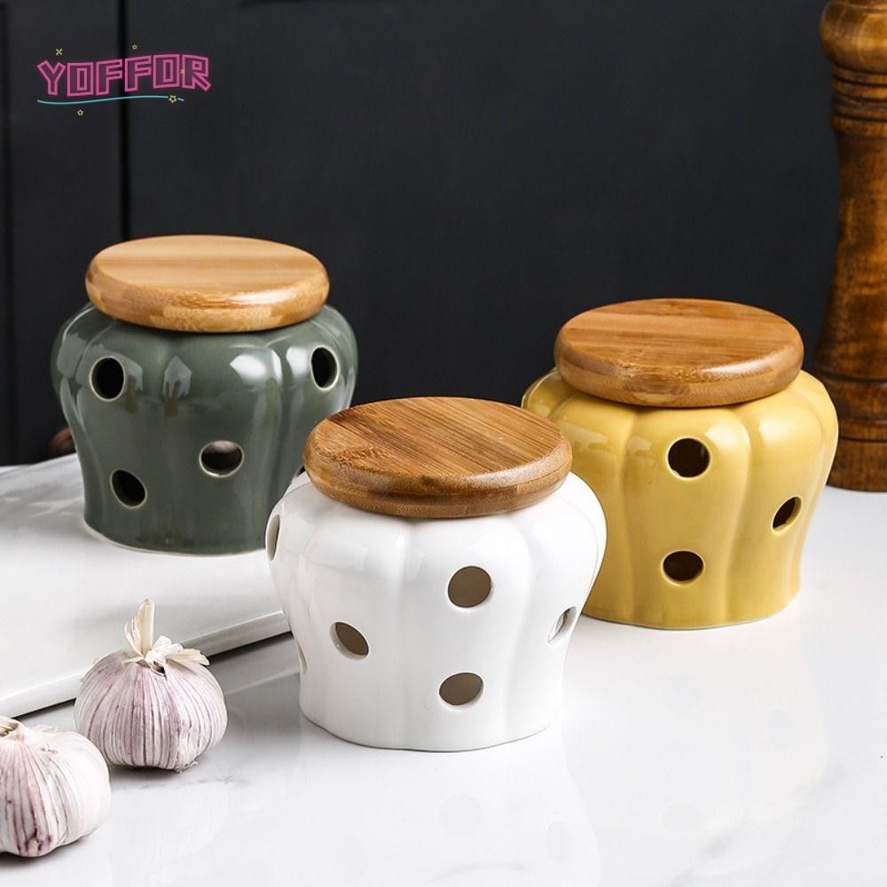 YOFFOR陶瓷大蒜儲存罐,2種顏色蓋子空心蠟燭燈罩,創意糖果盒.陶瓷大蒜生薑儲藏罐家庭