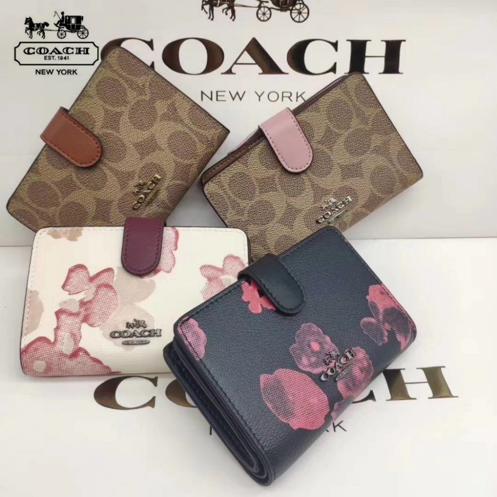 蔻馳 100% 原裝 Coach 短錢包女士花卉圖案折疊錢包零錢包有現貨 39127