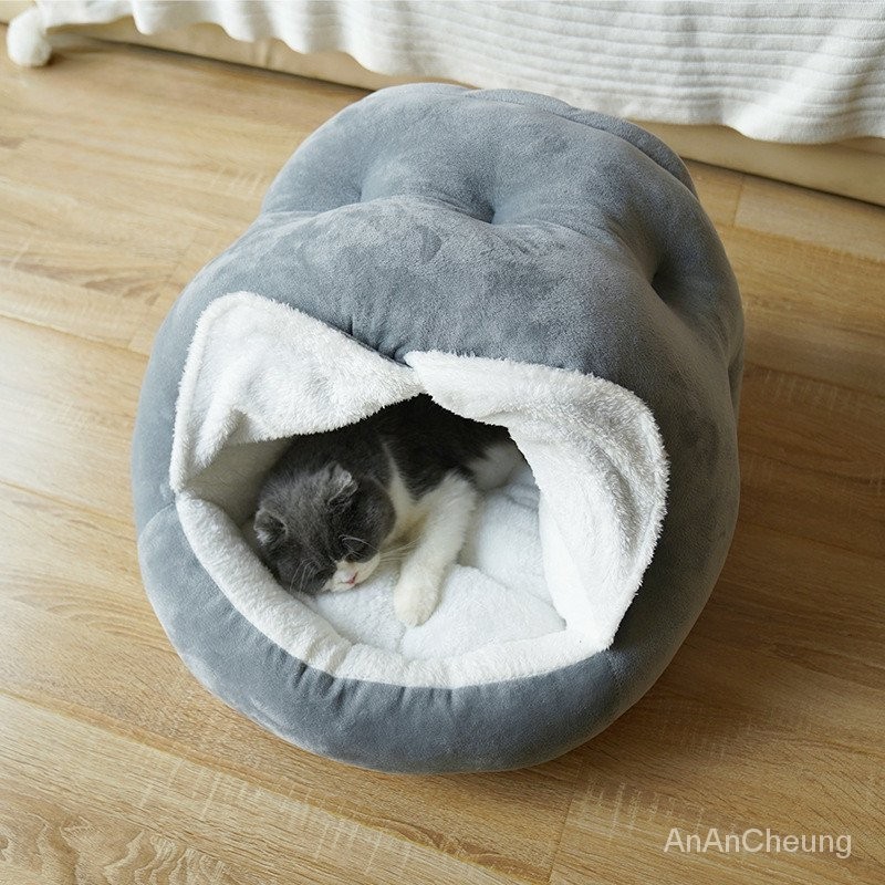 狂野的貓咪 新款PV絨蒙古包帶門簾毛絨舒適半封閉式寵物貓狗窩用品