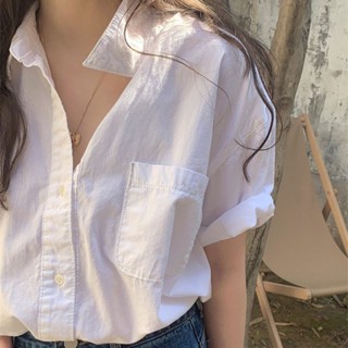 【DONCY】白色襯衣女 polo衫純棉t恤女 夏季 素色 別緻 設計感 百搭 小眾 法式 寬鬆 短袖襯衫 女裝