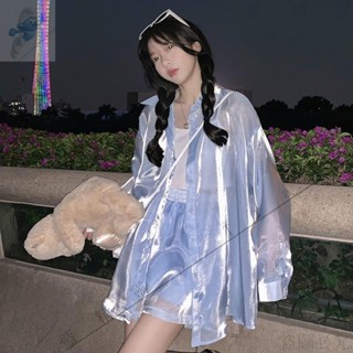 臺灣可開發票🎉歐美風❤️人魚姬珠光防曬襯衫外套女設計感中長款寬鬆長袖上衣夏薄款超僊