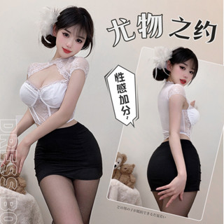 嫵媚女郎-情趣內衣 性感尤物帶胸墊蕾絲拼紗打底衫套裝 秘書裝cosplay 角色扮演 情趣角色服 情趣衣服 情趣睡衣