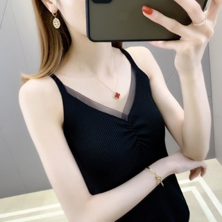【HOT 本舖】 夏季冰絲螺紋白色黑色蕾絲吊帶背心女上衣顯瘦打底衫女內搭針織衫