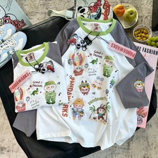 悅悅家YY 促銷 熱賣 【1601人收藏】100%純棉秋季爆款印花袖口刺繡卡通長袖insT恤女寬鬆拼接撞色上衣