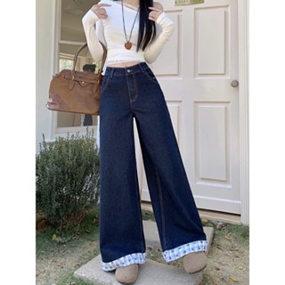 【HOT 本舖】 美式字母刺繡蝴蝶結拼接牛仔褲女春季2025新款高腰闊腿拖地長褲子