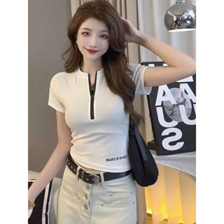 夏季洋氣百搭顯瘦短款上衣歐貨小眾半拉鍊修身字母短袖t恤女短袖T恤夏天T恤夏裝上衣薄款上衣oversize修身垂感DD