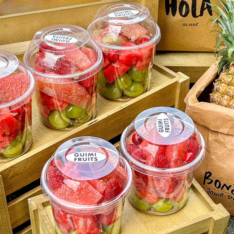 現貨【水果盒】透明 塑膠 水果切包裝桶 圓形 杯子 拱蓋 鮮果杯 果切外賣一次性打包盒