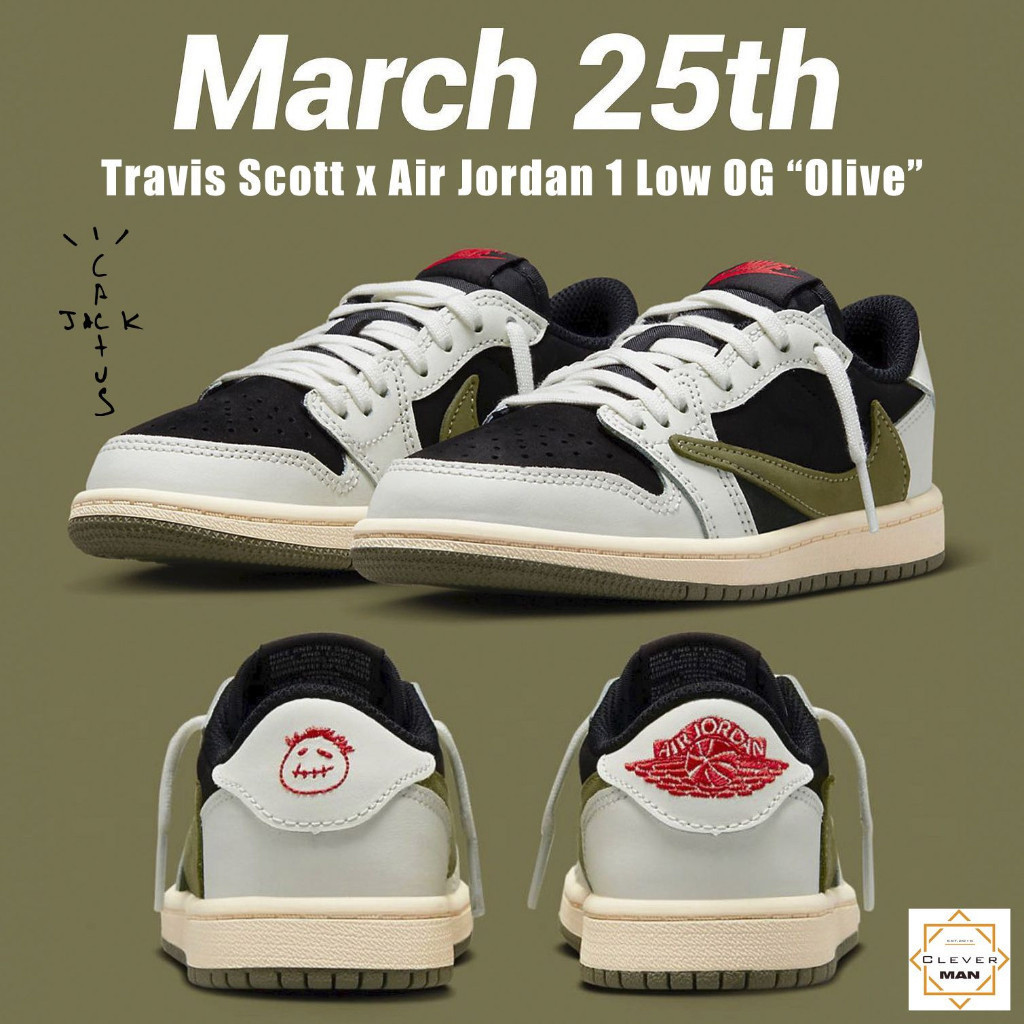 Travis Scott x Air Jordan 1 Low “Olive” 運動鞋在白色奶油黑色 Clever Ma