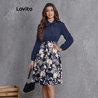 Lovito 女士休閒花卉抽繩正面洋裝 LBL20309