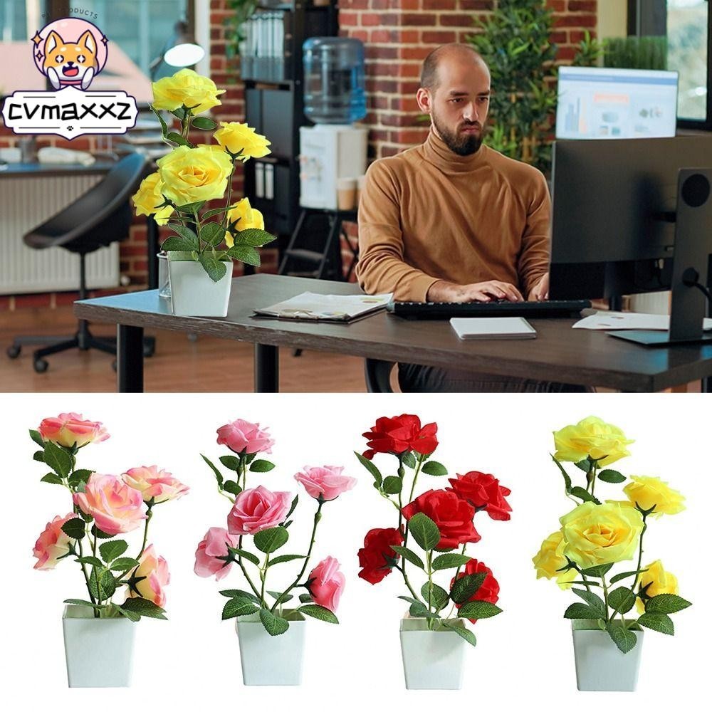 CVMAXHZ塑料盆栽,台式機五頭玫瑰玫瑰花盆景,裝飾房間裝飾假植物模擬裝飾人造玫瑰植物辦公室