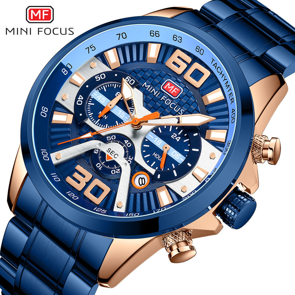 MINIFOCUS手錶 爆款男表日曆夜光防水手錶鋼帶（可換帶）男手錶0336G