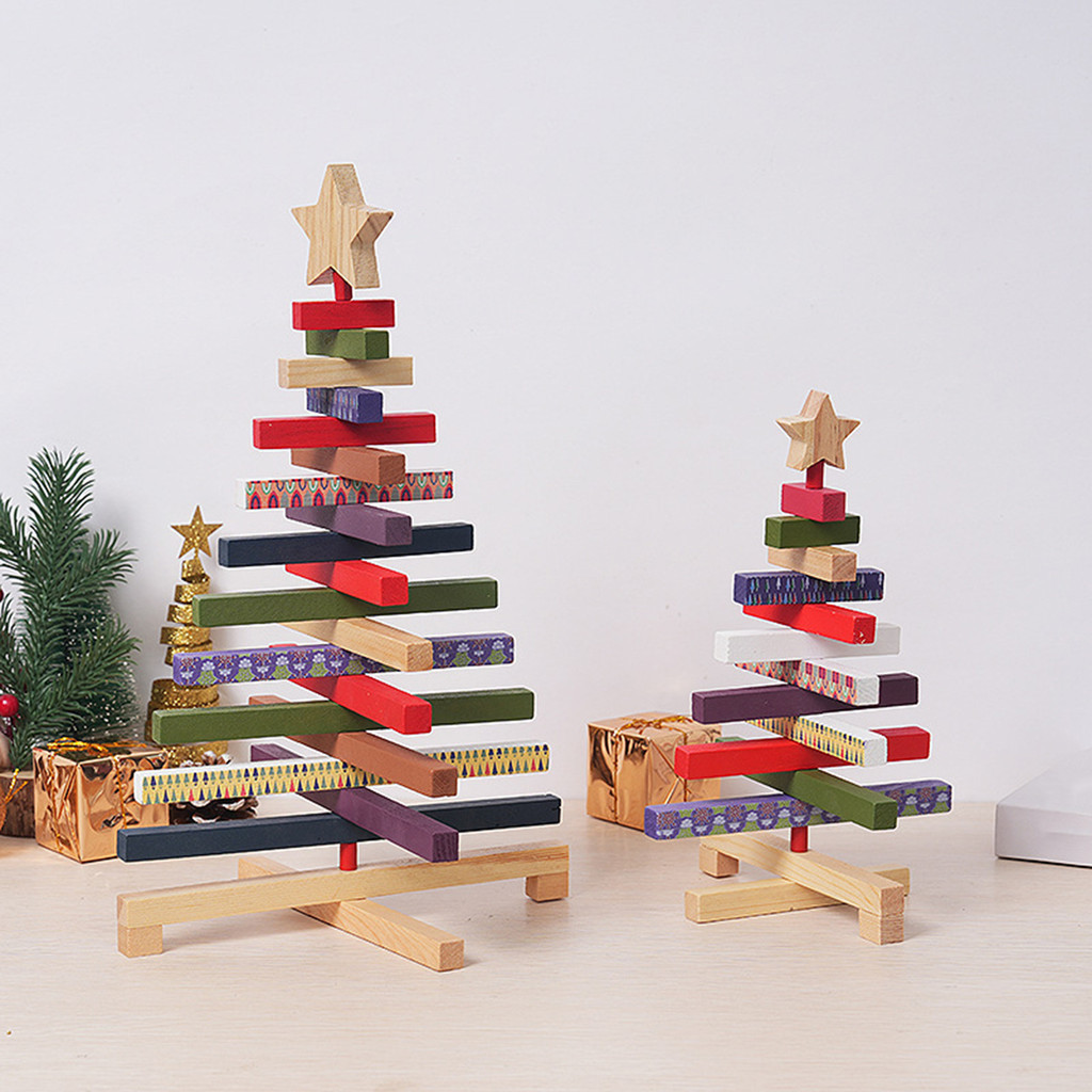 (FR) 可旋轉聖誕積木樹分層托盤架子木製桌面裝飾聖誕元素節日氣氛家居裝飾