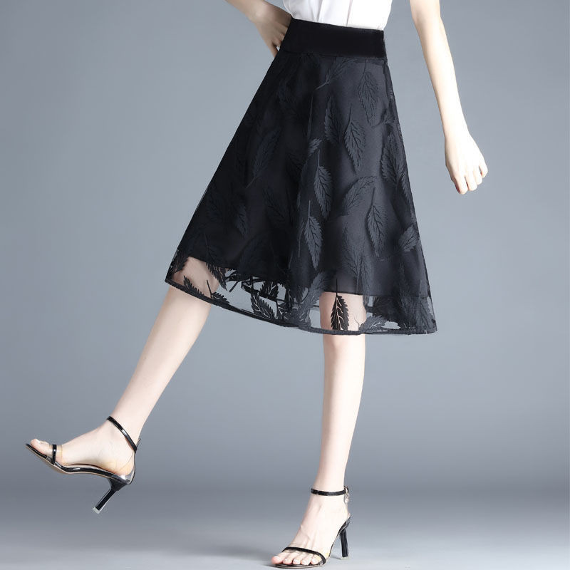 黑色蕾絲傘裙半身裙子夏女2024新款高腰高檔中長款顯瘦時尚A字裙