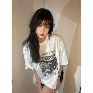 夏季 純棉短袖 美式T恤女 復古 寬鬆 oversize 上衣 港味 chic