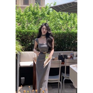 【新款🔥送腰帶】miu系高級感灰色高腰連衣裙 女氣質顯瘦開衩 包臀裙 氣質洋裝 顯瘦連身裙 吊帶長裙 簡約連身裙