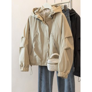 【Season Wardrobe】大碼歐貨休閒連帽工裝外套女2025春季微胖mm寬鬆風衣夾棉加厚上衣