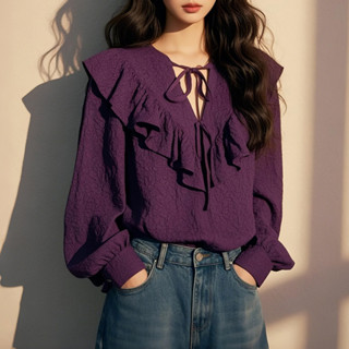 【桃喜Rich現貨】紫色上衣女 韓系穿搭上衣 減齡氣質獨特漂亮小衫 V領性感設計寬鬆顯瘦上衣 通勤百搭時尚長袖襯衫女