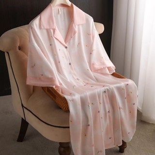晚安睡衣 韓版女生睡裙 夏季家居服 薄款睡裙 精品女裝 現貨 胖mm大尺碼200斤冰絲性感睡裙女夏季新款短袖襯衫小外套睡