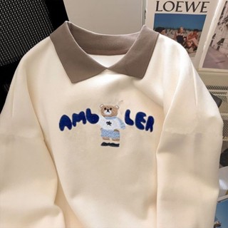 韓版大尺碼大學T衛衣女刺繡POLO領秋季寬鬆遮肚子上衣減齡長袖T恤上衣潮長袖上衣女