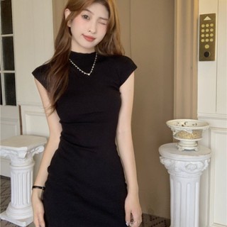 胖胖美依 洋裝 連身裙 S-2XL夏季小眾修身小個子彈力包臀休閒顯瘦小飛袖針織女連身裙-5127.