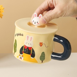 新奶fufu可愛卡通兔子杯 帶矽膠蓋創意馬克杯 家用耐熱陶瓷水杯 家用辦公咖啡杯陶瓷ins風隨手杯