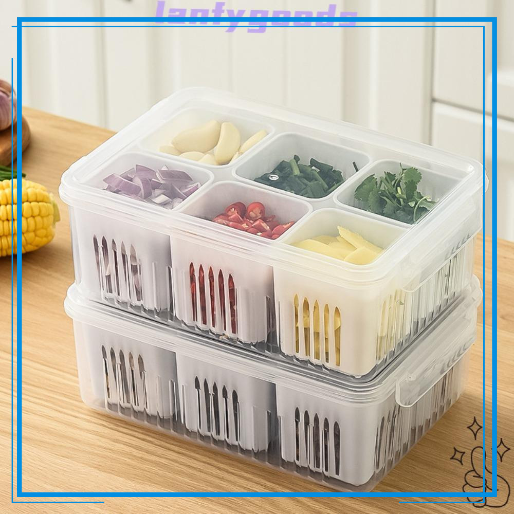 Lan大蒜保鮮盒雙層六格多功能瀝水收納盒廚房小工具密封食品收納盒帶蓋蔬菜盒