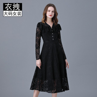 法式復古黑色蕾絲洋裝 新款顯瘦長裙子