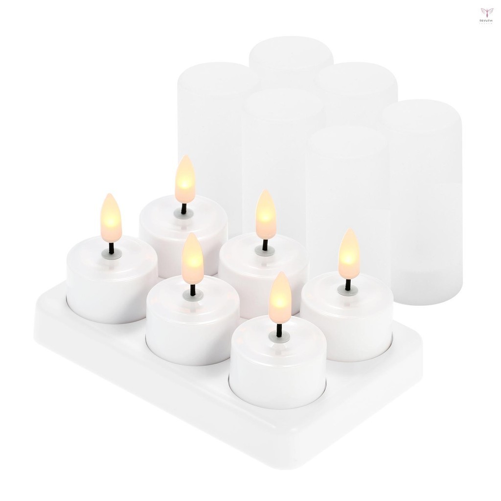 6 件裝可充電無焰蠟燭逼真閃爍黃色 LED 無繩小蠟燭帶磨砂杯充電底座電動蠟燭燈,適用於聖誕節婚禮