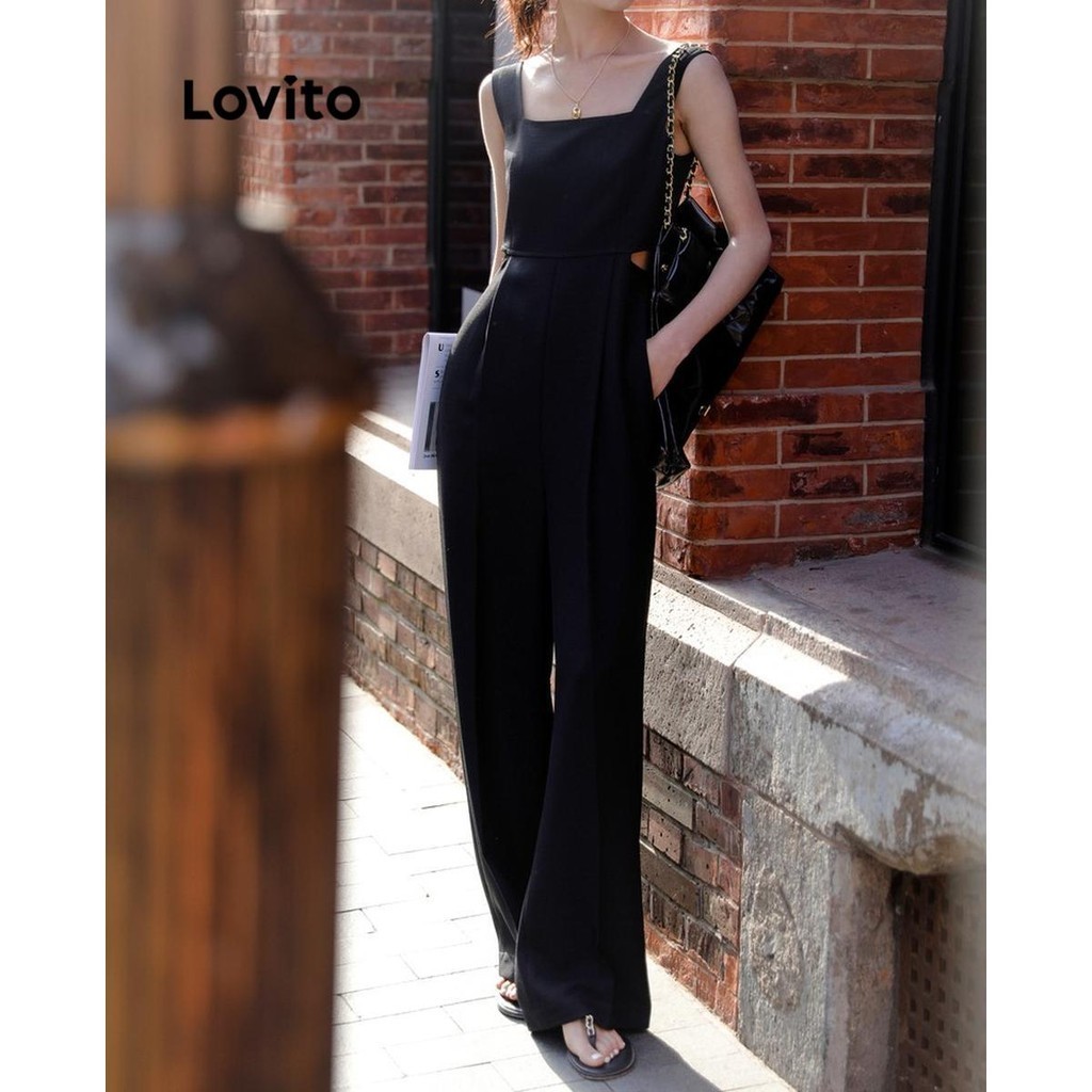 Lovito女士休閒素色鏤空彈性腰連身褲和連身褲 LNE55551