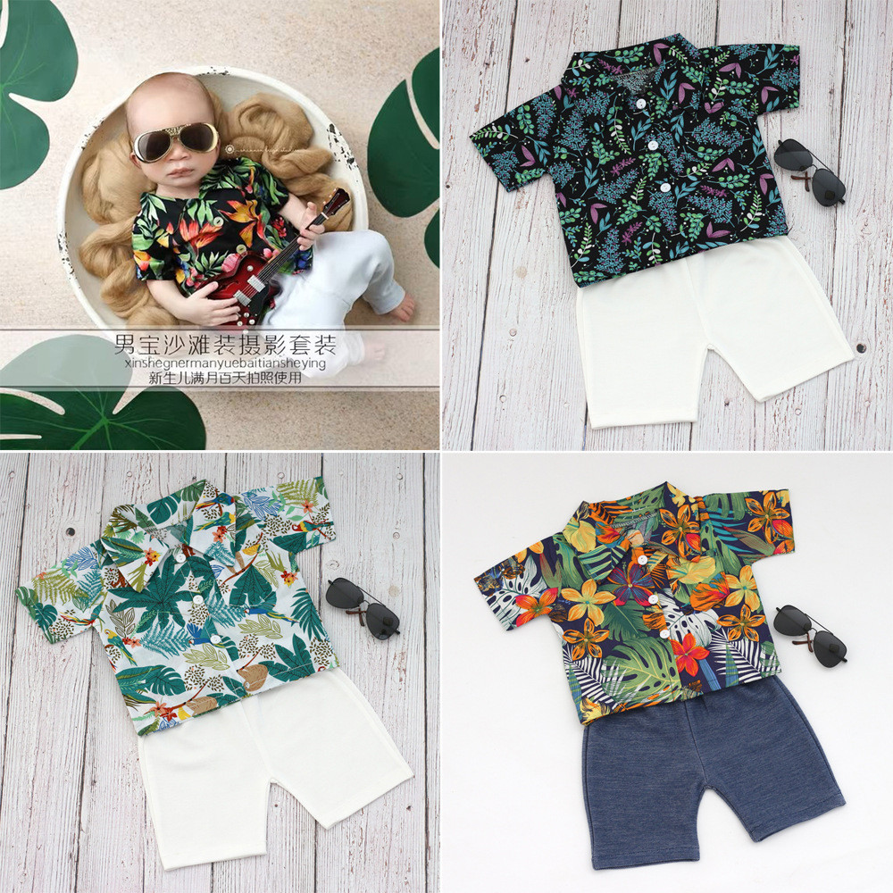新生兒夏日海灘主題服裝兒童攝影服裝 嬰兒拍照服飾 嬰兒襯衫+短褲套裝