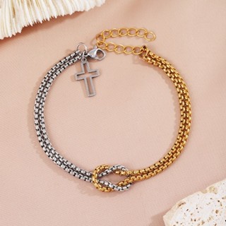 男女款金色方珠鏈十字架鈦鋼手鍊 歐美風格時尚個性雙層鏈手飾