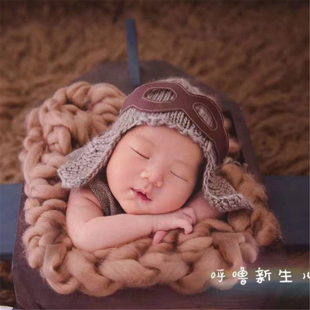 嬰兒飛行員針織帽子 寶寶拍照道具空軍帽 新生兒兒童攝影護耳飛行眼鏡帽