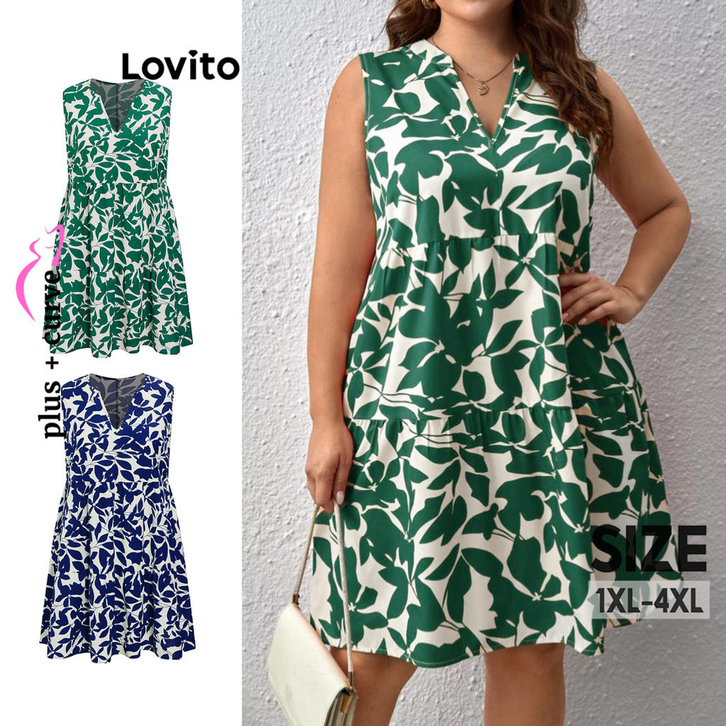 Lovito 女士休閒碎花剪裁疊層洋裝 LBE04080 (綠色)