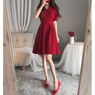 S-4XL短袖洋裝正韓洋裝 連身裙 2024夏裝新款洋氣胖妹妹網紅減齡藏肉顯瘦紅色洋裝女生衣著