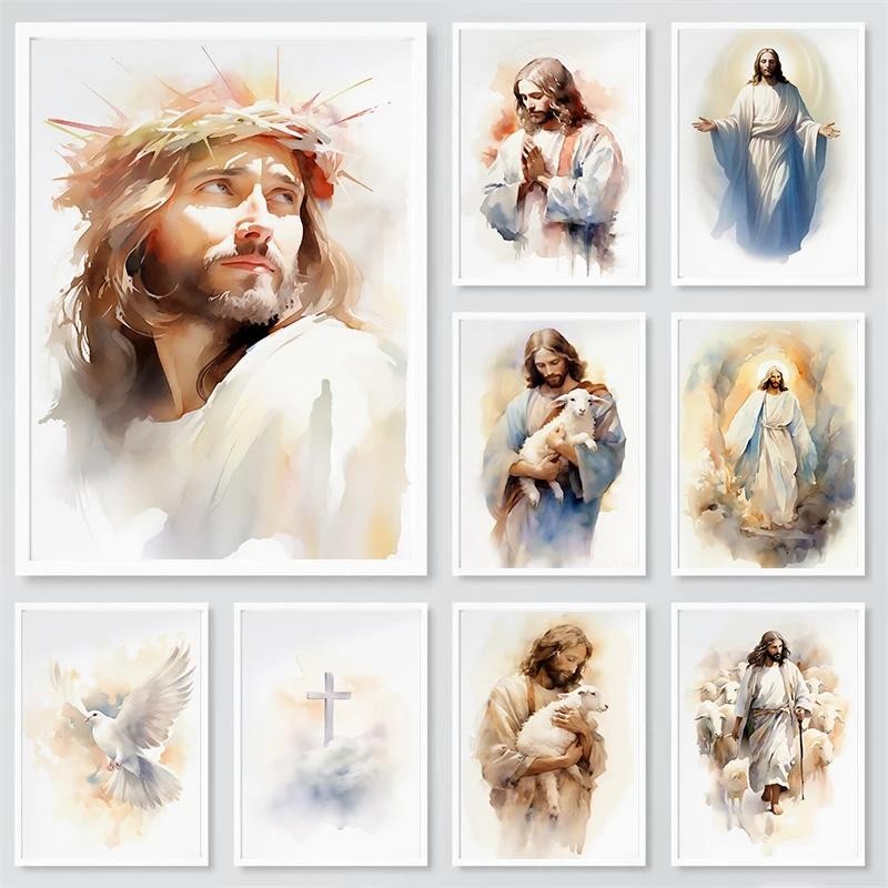 北歐 現代簡約 裝飾畫 框畫 掛畫  極簡主義風格  耶穌基督教水彩畫   海報畫  布印刷   耶穌基督在天堂忠誠海報