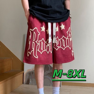 🔥48H出貨 M-8XL 美式街頭印花大尺碼褲子男 寬鬆透氣半分褲 薄款休閒短褲 綁帶抽繩運動短褲 薄款寬褲加大尺碼