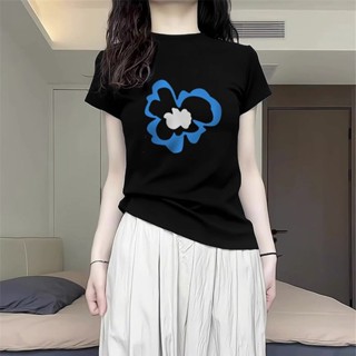 【HOT 本舖】 S-2XL短袖t恤女新款春夏季美式復古修身顯瘦印花圓領半袖洋氣上衣 女裝 衣服 短袖 印花上衣