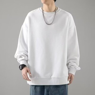 【HOT 本舖】男裝 M-5XL 灰色圓領衛衣男 春秋季新款 潮牌 純色百搭上衣 休閒寬鬆 日系無帽外套男