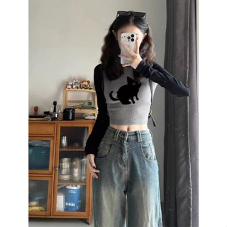 【女神館】臺灣發貨🔥韓係圓領字母印花修身短款上衣美式複古拚接撞色ins炸街長袖T恤女