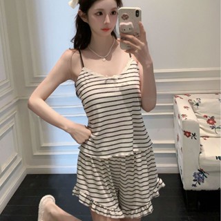 冰絲吊帶睡衣女夏季莫代爾帶胸墊簡約條紋薄家居服寬鬆冰絲睡衣吊帶睡衣居家服睡衣帶胸墊睡衣涼感睡衣無袖睡衣冰絲莫代爾睡衣