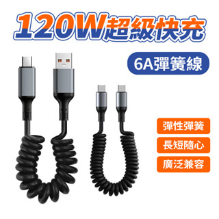 現貨速發 120W彈簧伸縮充電線 6A充電線 車用充電線 支援carplay車載投屏線 伸縮充電線 TYPE C 傳輸線