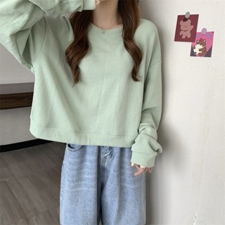 《現貨下單》2022新款秋季女裝韓版素色大學T時尚氣質圓領長袖寬鬆短版百搭上衣