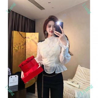 桃園出 特價 【韓系穿搭秋天】✨ 襯衫女 韓系純欲風 立體蕾絲花朵 拼接立領長袖 襯衫 秋季新款 短版上衣I