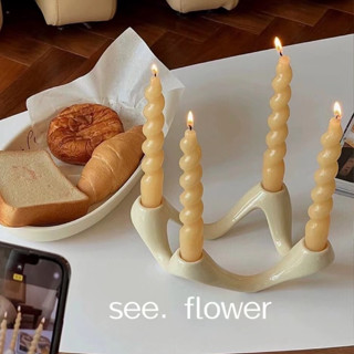 【SEE✿ FLOWER】北歐ins情侶氛圍好物4孔陶瓷燭臺擺件波浪造型抽象雕塑 家居裝飾 奶油色 西餐廳高顏值擺件 居
