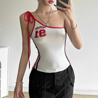 ❣️歐美風夏季女裝抽繩斜肩辣妹字母印花吊帶打底緊身小背心