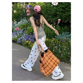 【HOT 本舖】 美式復古休閒褲女夏季滿印狗爪碎花直筒運動褲寬鬆垂感白色拖地褲