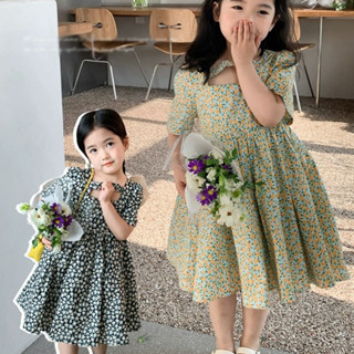 兒童女孩連衣裙嬰兒女孩衣服可愛甜美花卉圖案連衣裙生日連衣裙韓版時尚印花連身衣