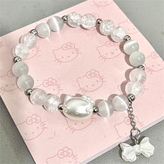 【嗨皮LEE】kt貓HelloKitty蝴蝶結吊墜手鍊 韓系手鍊女 ins風串珠手鍊 送女生閨蜜禮物 高階感 仿貓眼石手